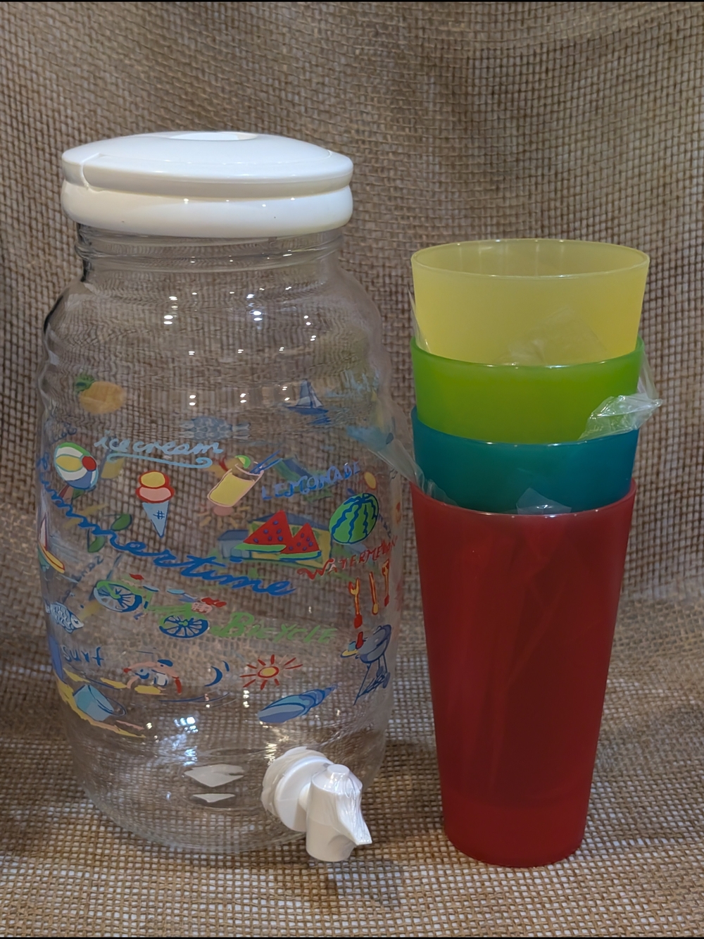 Colorful Summer Beverage Set, Drink Dispenser & 4 Tumblers